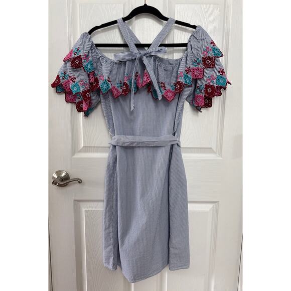 Loft ruffled embroidery off shoulder blue white stiped fiesta halter dress small - Picture 10 of 12